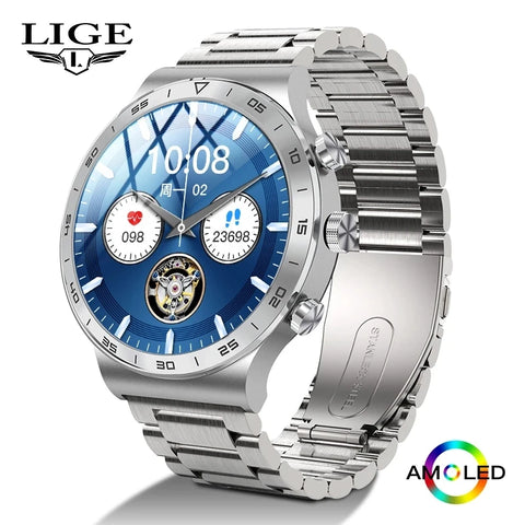 Lige AMOLED Smart Watch Men Steel Band Watch For Men Smartwatch Bluetooth Call Full Touch Fitness Bracelet Clock New Business